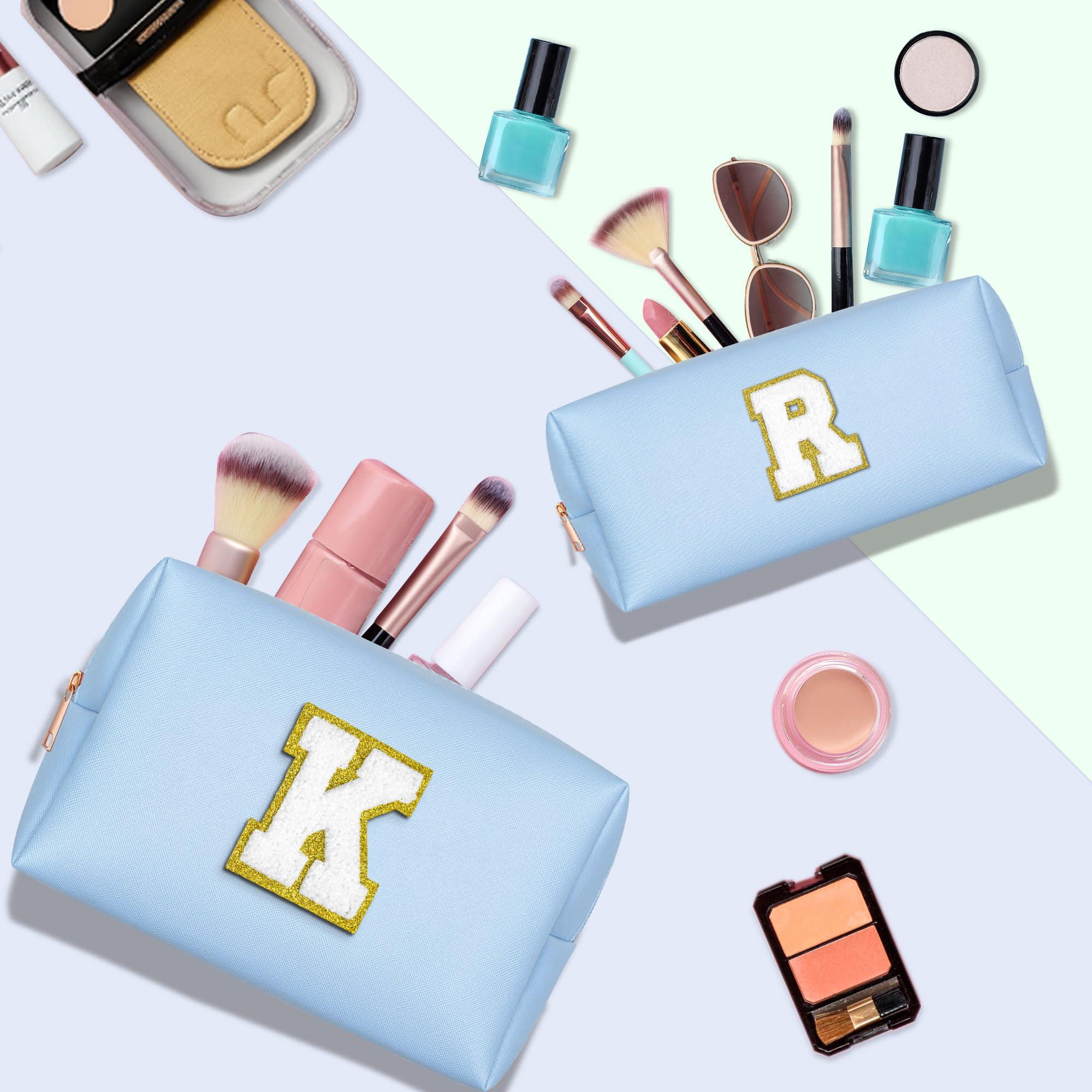 TOPEAST TOPEAST Personalized Gifts Make Up Bag, 2 PCS Monogram Cute Initial Makeup Bag PU Leather Chenille Letters Waterproof Travel Toiletry Bag Personalized Birthday Gifts For Women, Blue A