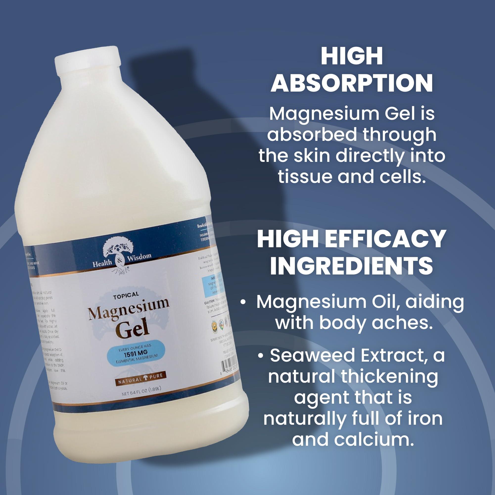 Health and Wisdom Health and Wisdom Topical Magnesium Gel with Seaweed Extract - Magnesium Gel Topical for Muscles, Magnesium Topical Gel, Gel Magnesium, All Natural Magnesium Gel, Magnesium Chloride Gel - 64 Fl Oz