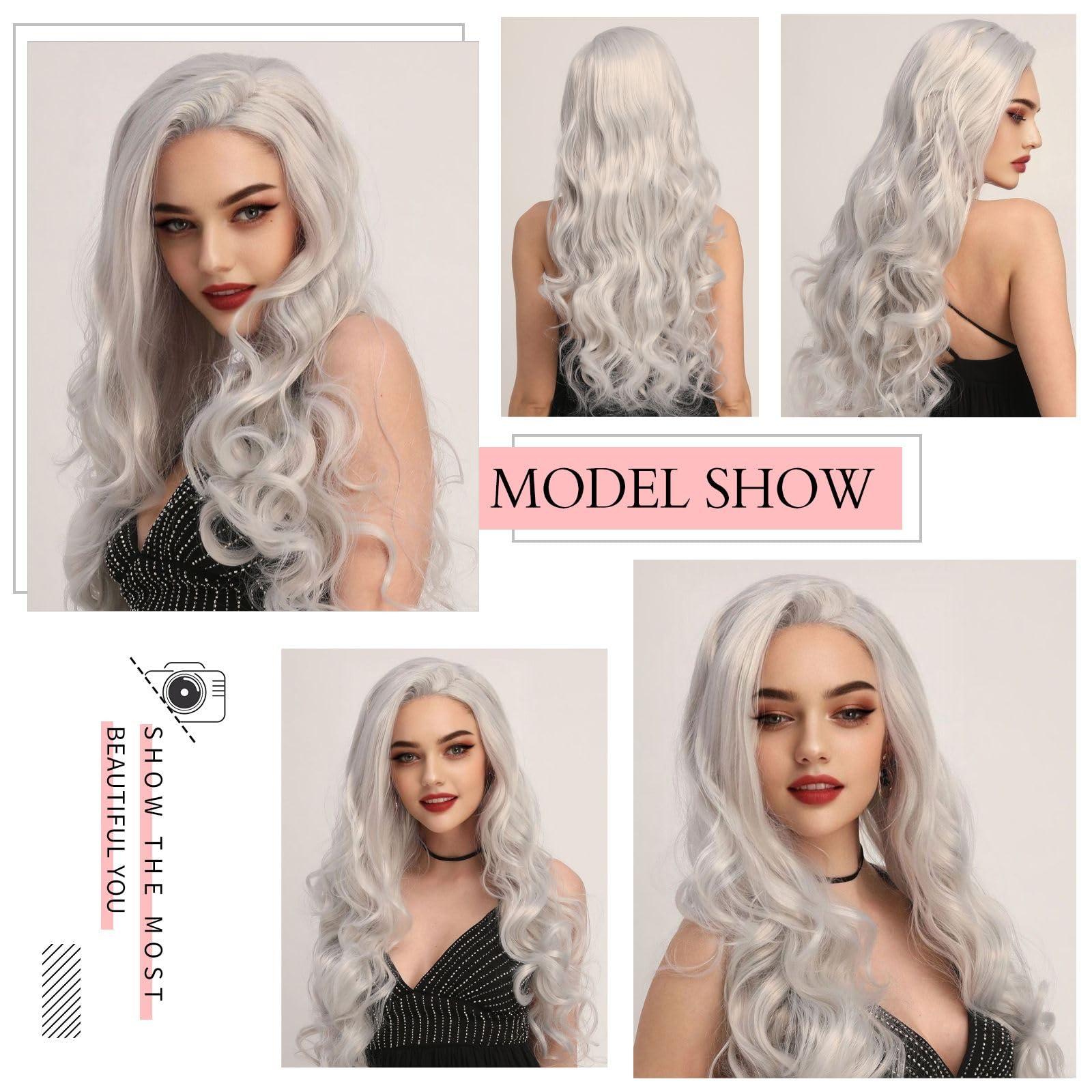 Ebingoo Ebingoo 26 Inch Silver Gray Lace Front Wig+Wig Cap Wavy Silver Wig for Women Curly Lace Front Wig Silver Princess Wig for Halloween Cosplay Women Daily Wear