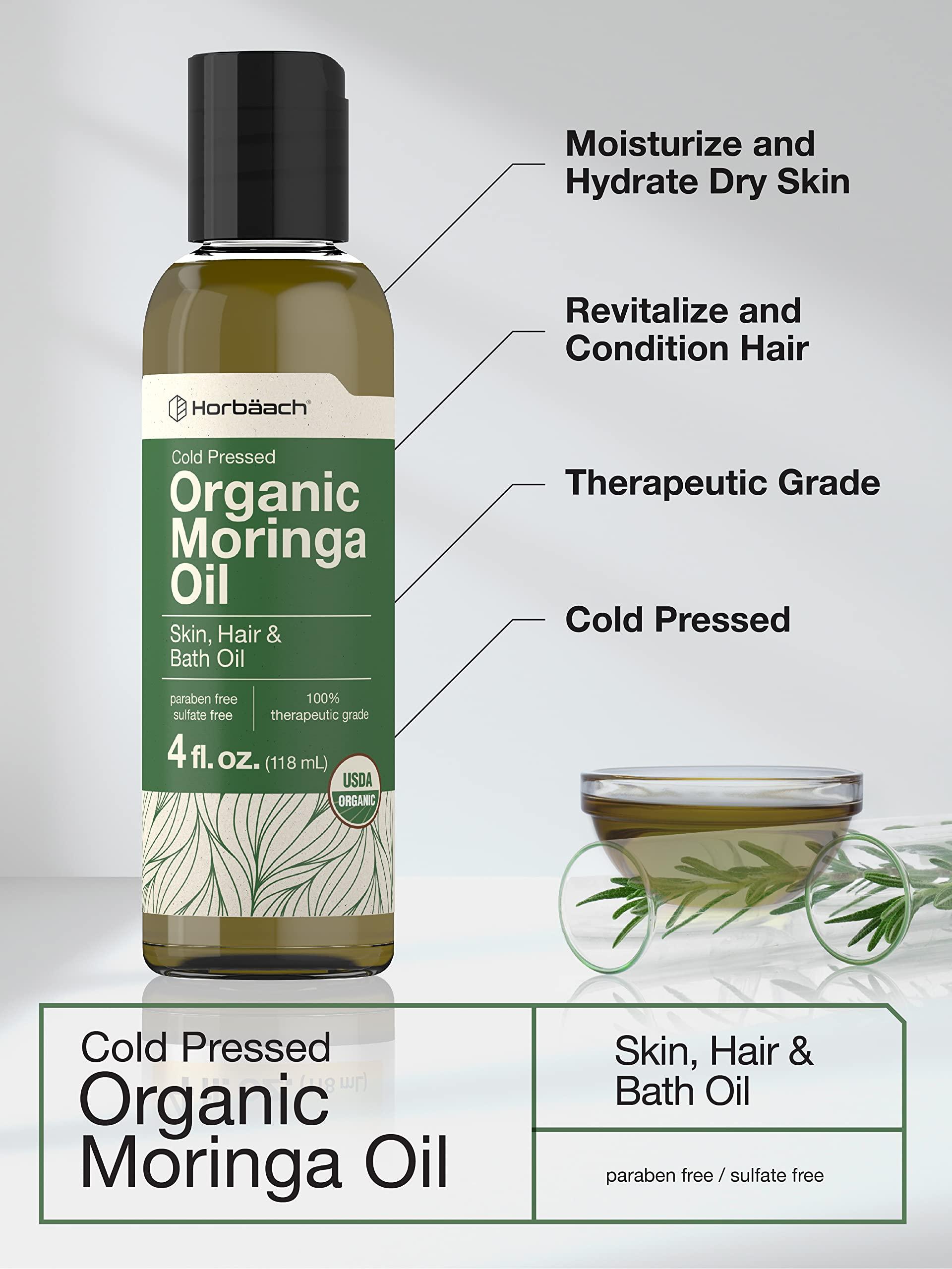 Horbach Horbach Organic Moringa Oil | 4 fl oz | for Face, Hair, and Skin | Cold Pressed | 100% Therapeutic Grade | Paraben and Sulfate Free, Non-GMO