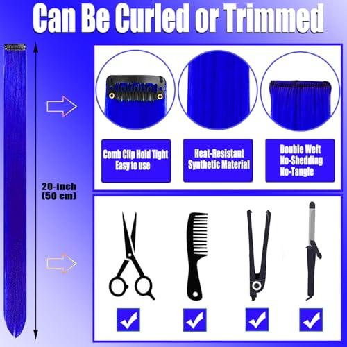 Olldag 12 PCS Blue Hair Extensions Clip in, 20 Inch Colored Hair Extensions Party Highlights Long Straight Synthetic Hairpieces for Women Kids Girls