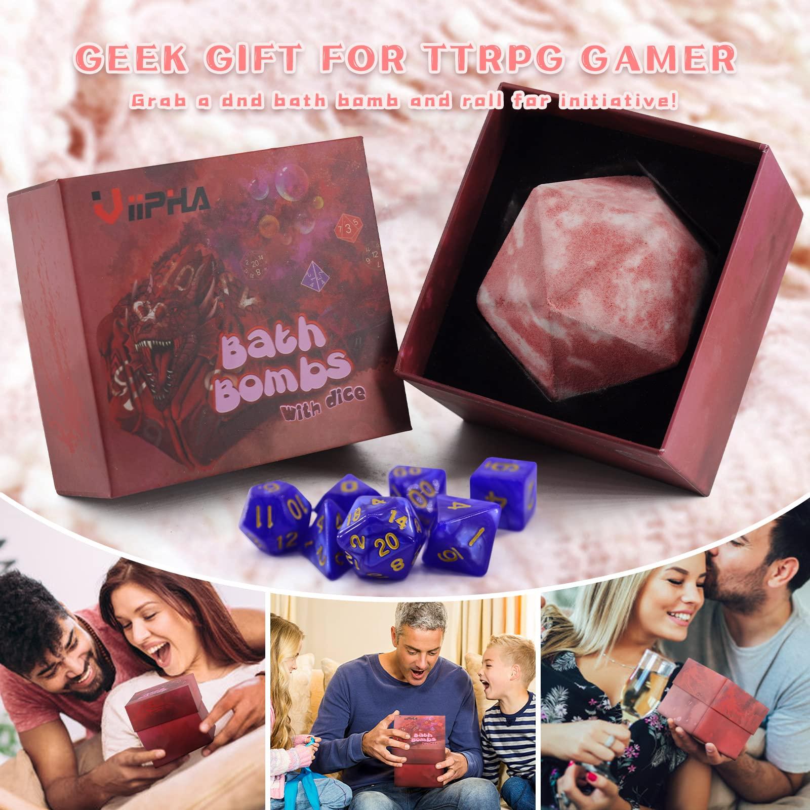 VIIPHA Huge D20 Bath Bombs with Full Surprise Set of Polyhedral Dice Inside, D&D Inspired Dragon Blood Bath Bomb 11oz with Gift Box - Perfect for Dungeon Master, Player and Tabletop RPG Nerd