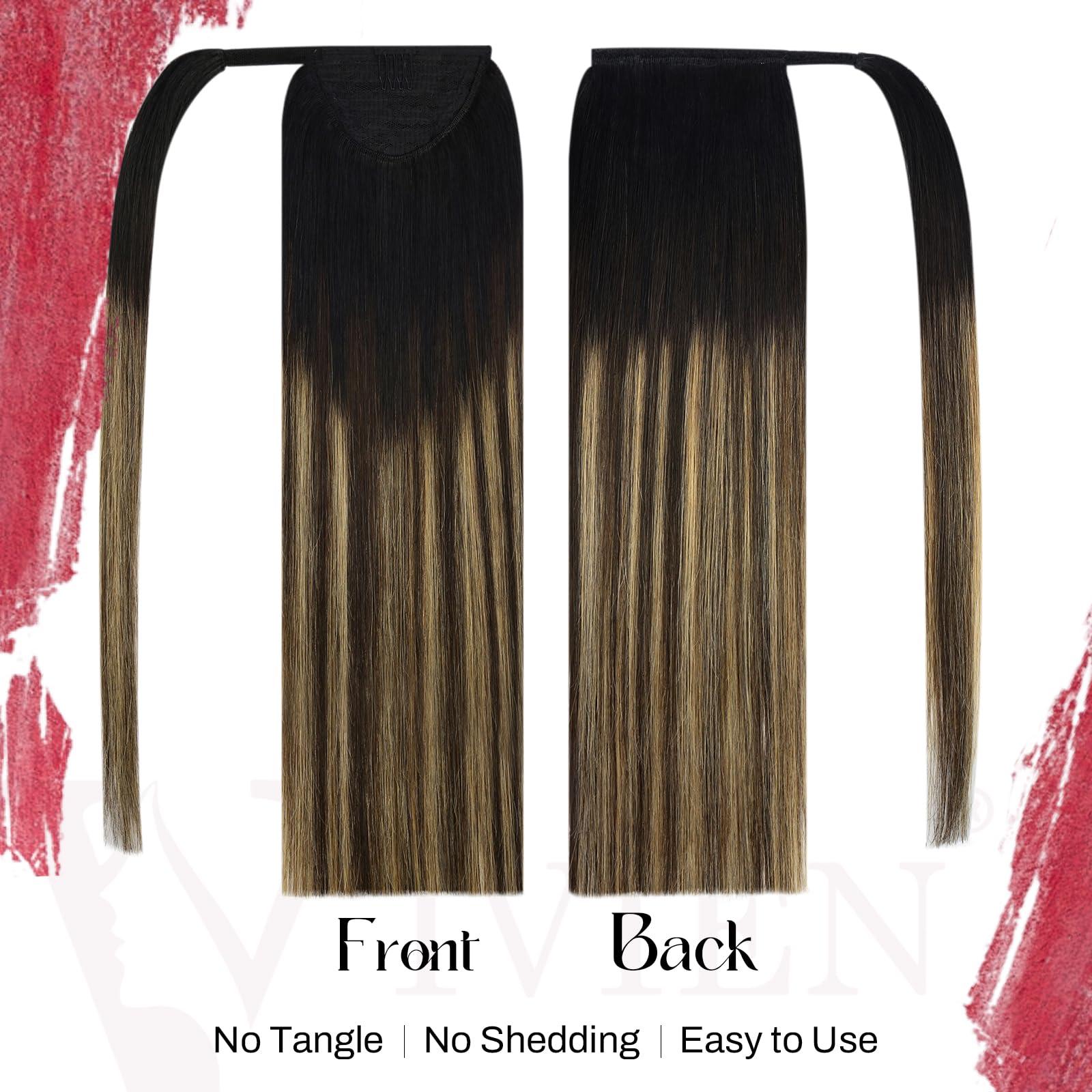 Vivien Vivien Balayage Ponytail Extension Human Hair Ombre Ponytail Human Hair Extensions Black Ombre Brown Balayage Caramel Blond Wrap Around Ponytail Hair Extension for Women 16 Inch 80g