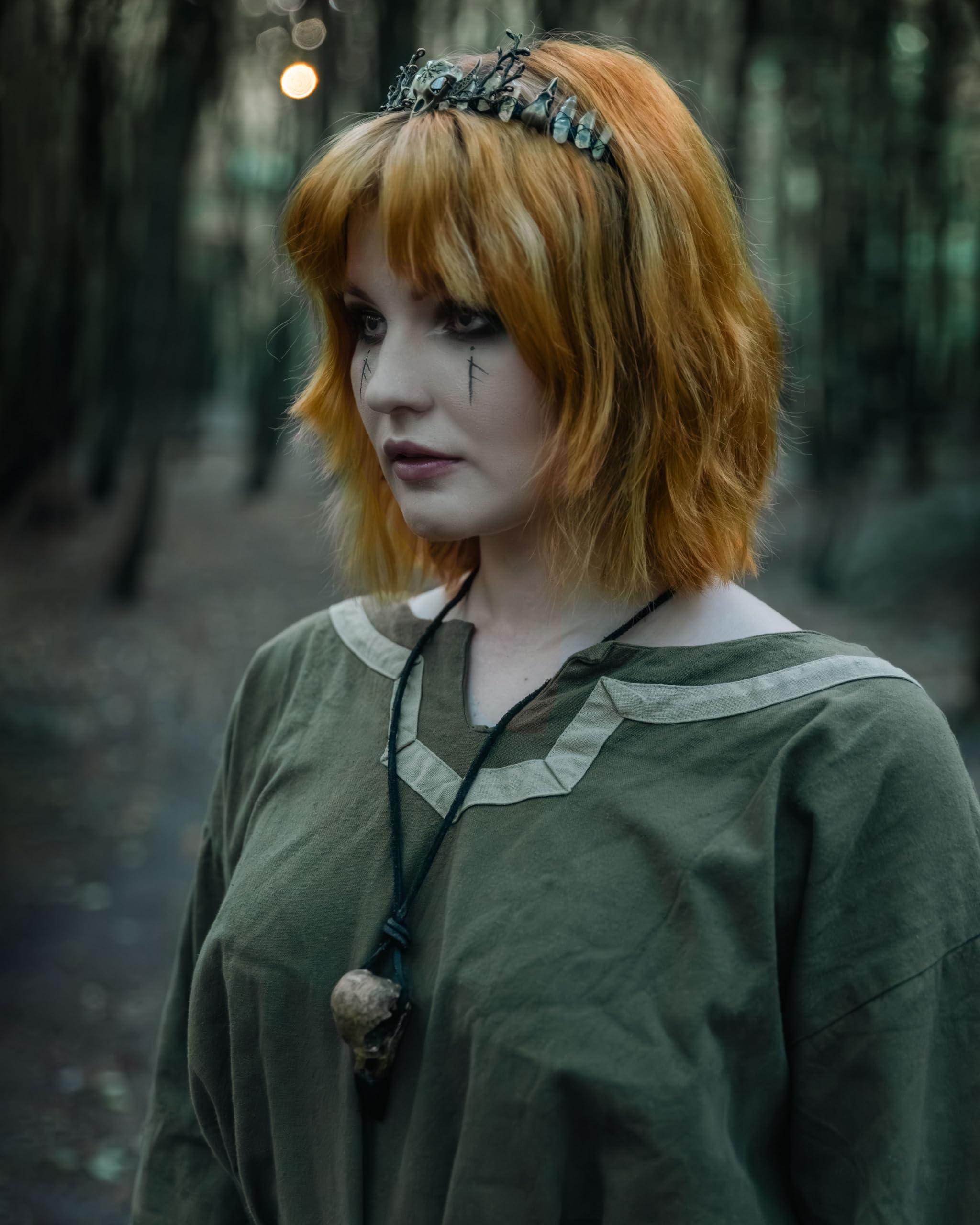 CoTeeZa CoTeeZa Green Fairy Crystal Crown - Handmade Raw Quartz Tiara with Bronze Crow Branch Moon Elf Headpiece Fantasy Forest Witch Crown Wedding Renaissance Halloween Cosplay Woodland Headband