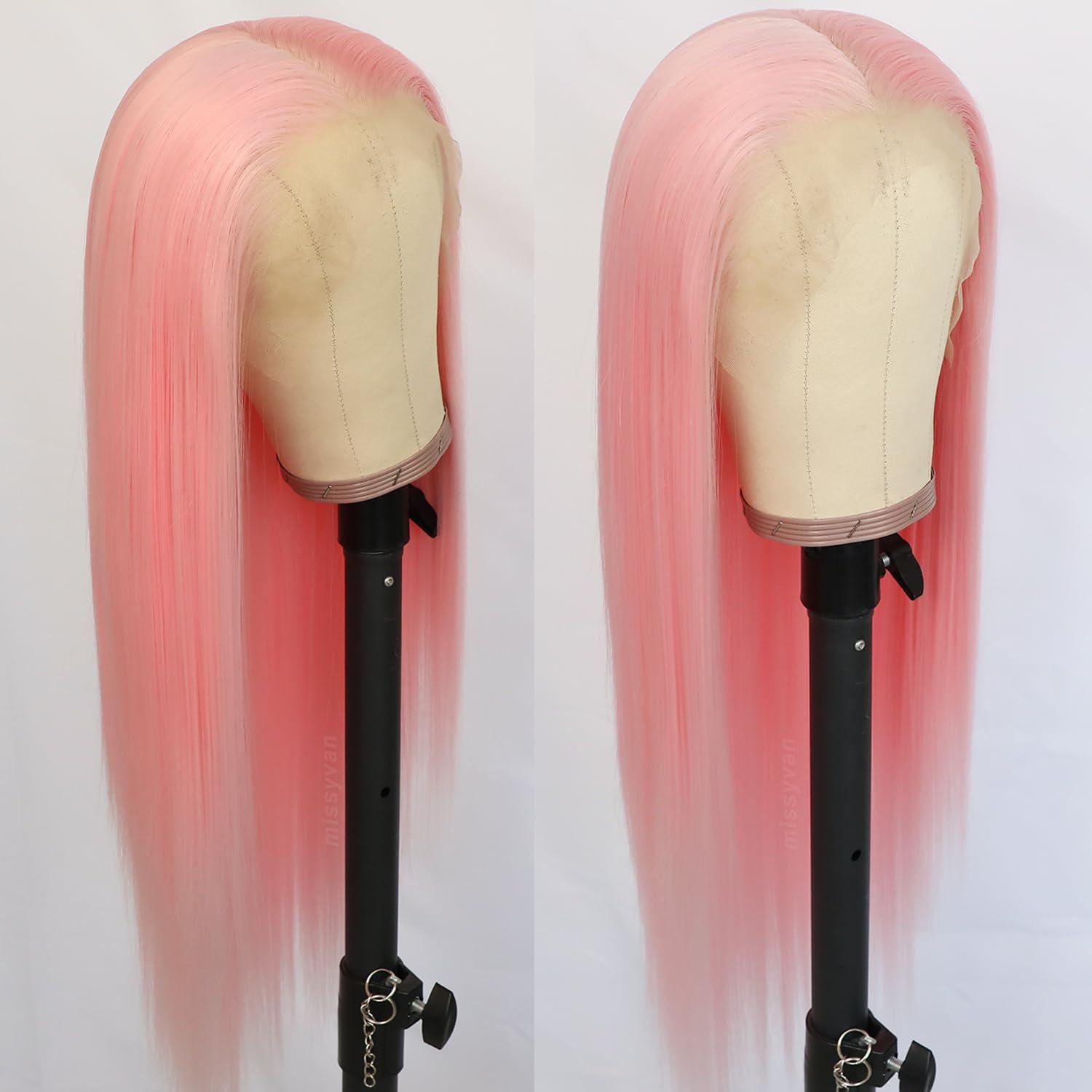Missyvan Missyan 13X6 Pink Lace Front Wigs Long Silk Straight Baby Pink Hair Wigs Glueless Synthetic Hair Light Pink Heat Resistant Fiber Natural Hairline
