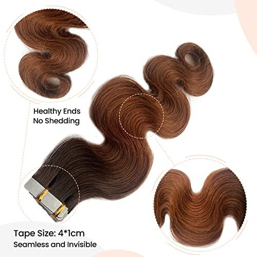 Licoville 24 Inch Ombre Tape in Hair Extensions Human Hair Body Wave Ombre Brown Tape in Extensions 50grams 20pcs Double Sided Medium Brown to Medium Auburn Wavy Real Human Hair Extensions Tape ins
