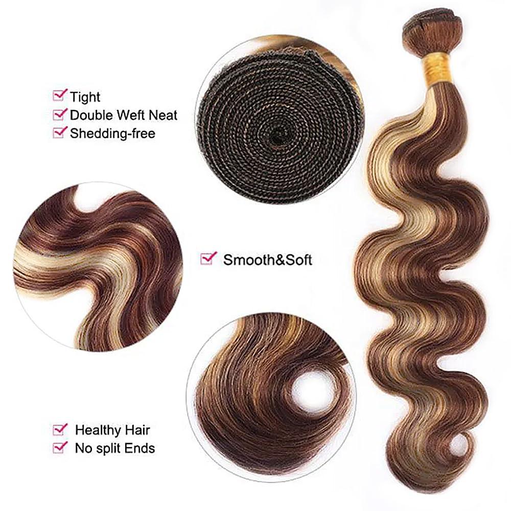 AuokMar Highlight Bundles Human Hair P33/613 Body Wave Bundles 8A Peruvian Virgin Hair 3 Bundles 14 16 18 Inch Reddish Brown Mixed With 613 Blonde Body Wave Bundles Hair Extensions 300g