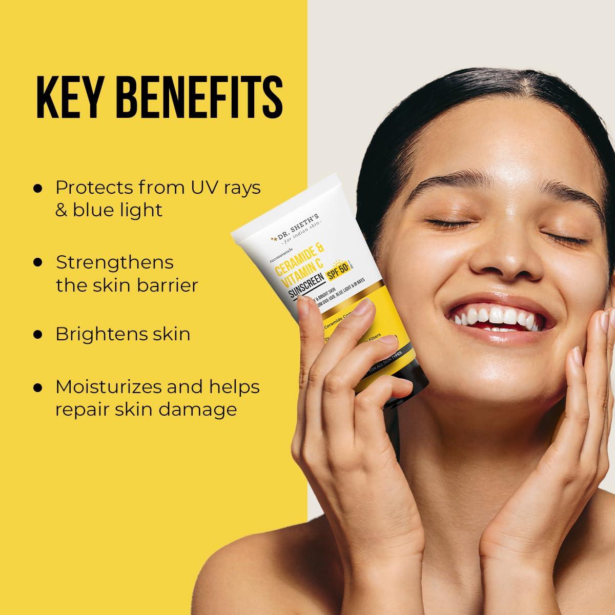 Dr. Sheth\'s Dr. Sheth\'s Ceramide & Vitamin C Sunscreen SPF 50+ PA+++ | One Step Routine for Summer | For Women & Men | UVA UVB Sun Protection | 1.76 Oz / 50g