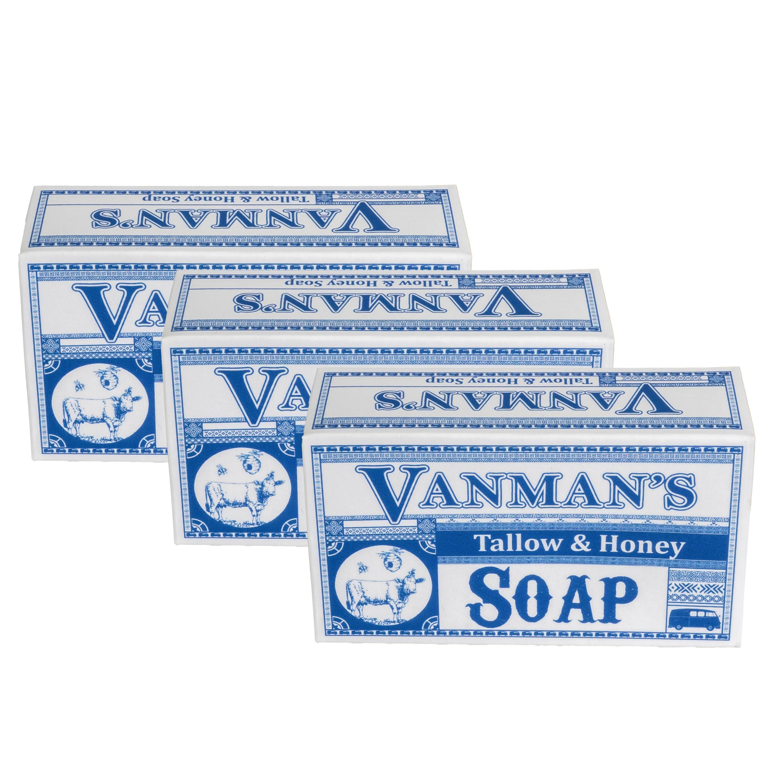 The VanMan Company Vanman - Pure Beef Tallow Soap with Honey - Pure Saponified 100% Grass Fed Beef Tallow for Skin, Raw Honey, Distilled Water, and Vanilla Oil - Subtle Vanilla Scent - Beef Tallow and Honey Soap -3 Pack
