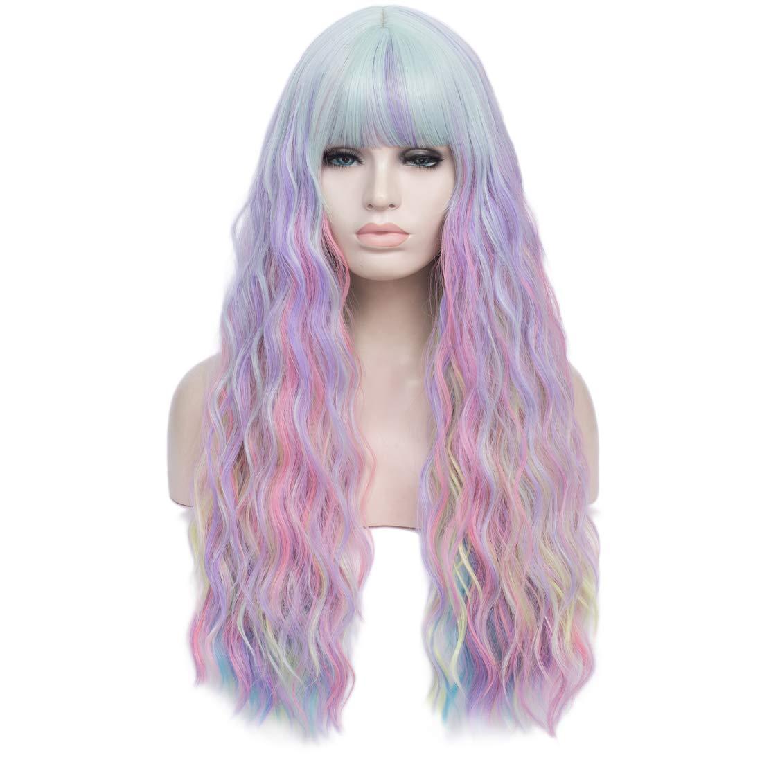 Wiggy Mermaid Colorful Rainbow Wigs with Bangs for Women Pastel Long Wavy Curly Colored Purple Goth Hair Wig for Music Festival, Themed Parties, Halloween, Wedding - 27.5''