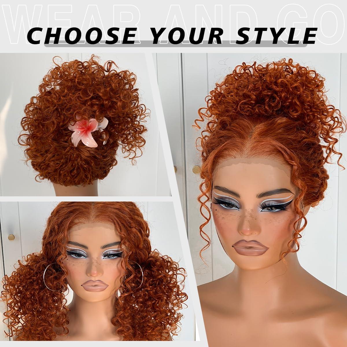MITIMES MITIMES Glueless Ginger Curly Wig Pre-Plucked Wear And Go Synthetic HD Lace Front Wig 13x6 Layered Afro Curly Wig For Beginners 18 Inch