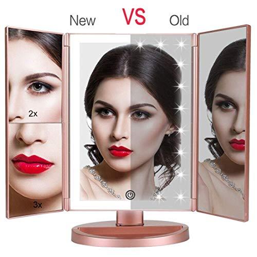 deweisn deweisn Nature Daylight 36 LEDs Tri-Fold Lighted Vanity Makeup Mirror with Touch Screen Dimming and 3X/2X/1X Magnification Makeup Mirror, 180 Degree Free Rotation, Countertop Cosmetic Mirror