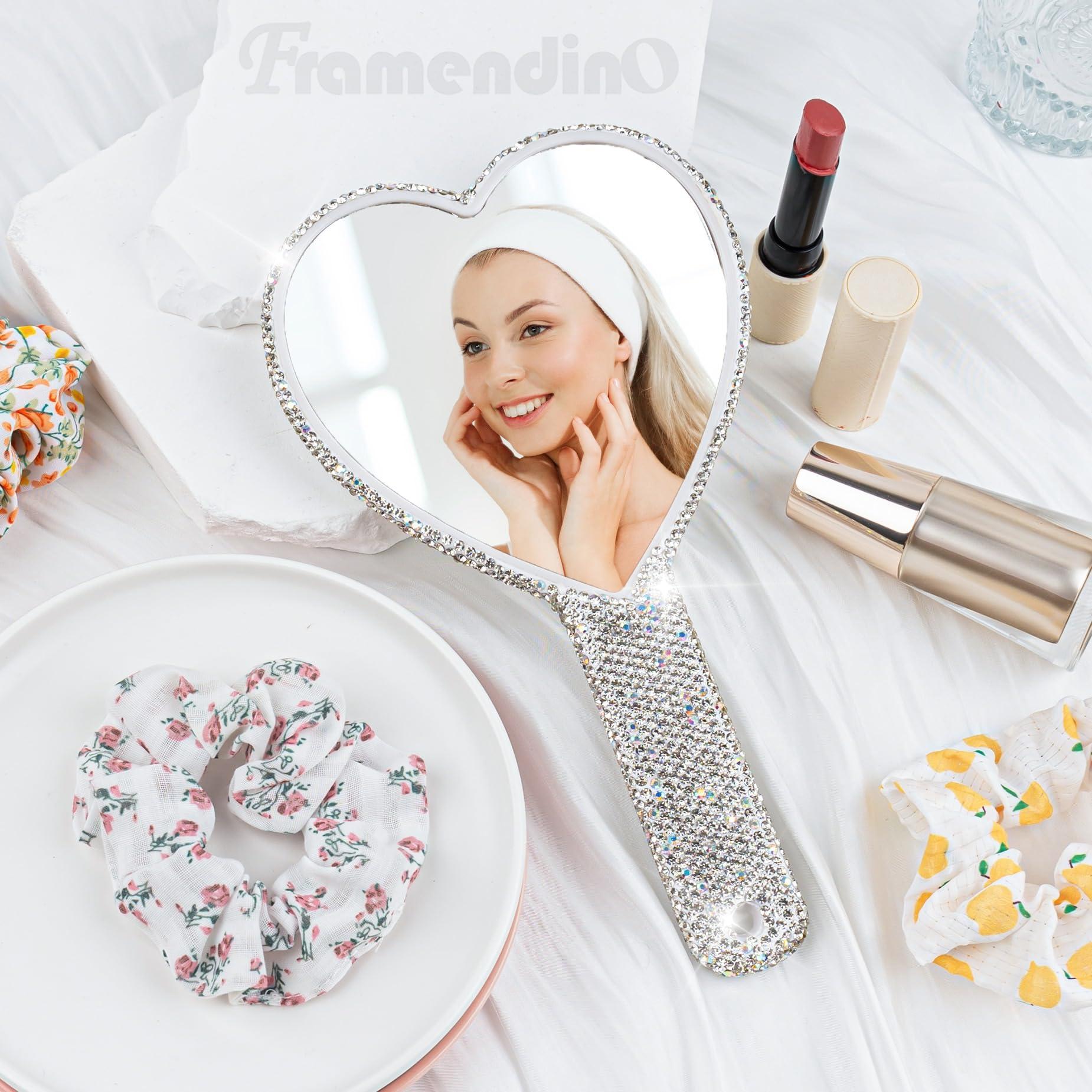 Framendino Framendino, 1 Pack Large Bling Handheld Mirror Heart Rhinestone Glitter Cosmetic Dazzling Portable Hand Mirrors with Handle for Women Wedding White Silver