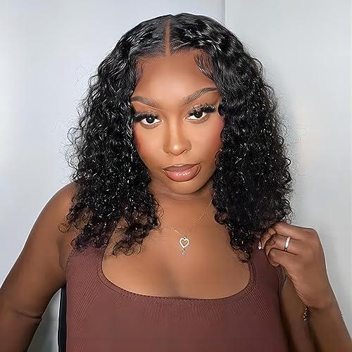 ISEE ISEE Hair Wear and Go Glueless Wigs Bob Wigs Human Hair Pre Plucked Water Wave Lace Front Wigs Human Hair Upgraded No Glue Transparent Lace Closure Wigs Human Hair for Women Natural Black 10 Inch