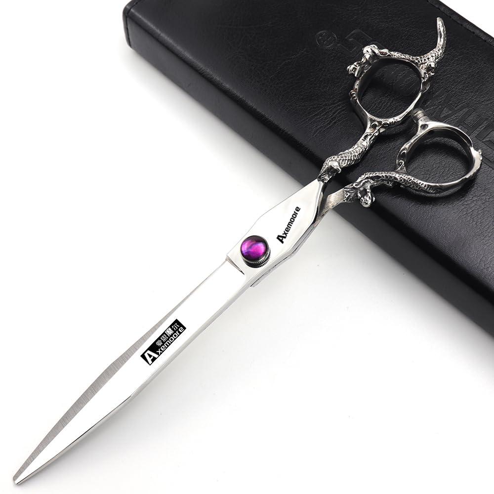 AXEMOORE 6/7/7.5/8/9 inch scissors silver professional hairdresser hair cut and trim diluted sharp 440C steel (7 inch flat shear-A)