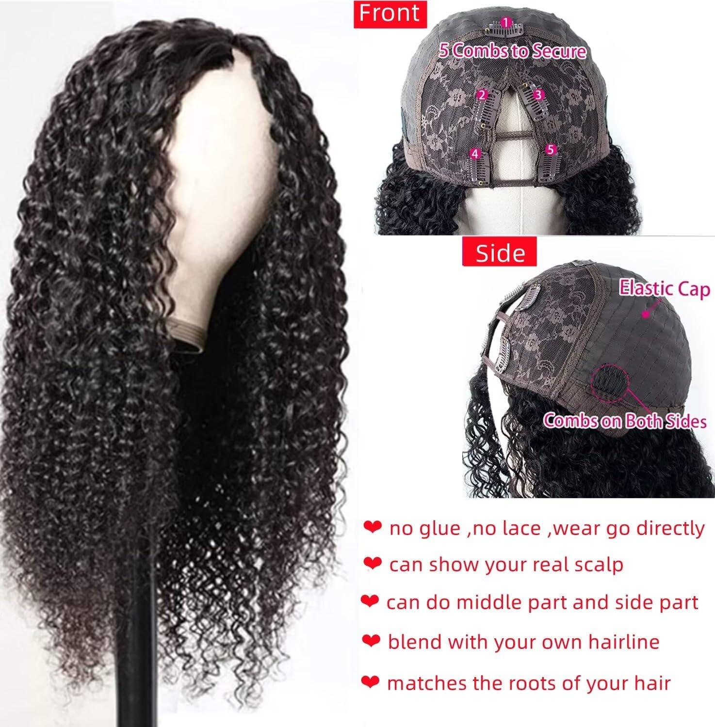 Qunatuma V Part Wig Human Hair No Leave Out Upgrade U Part Wig Human Hair for Women 150% Density Curly V Part Wig Kinky Curly Thin Part V Shape Wig No Glue No Sew Clip In Half Wig Natural Black Color 30 Inch