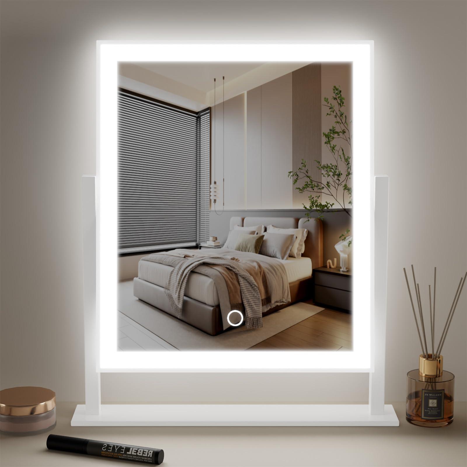 dicheng Lighted Makeup Mirror Hollywood Mirror Vanity Makeup Mirror with Light Smart Touch Control 3Colors Dimable Light 360°Rotation (16in, White)