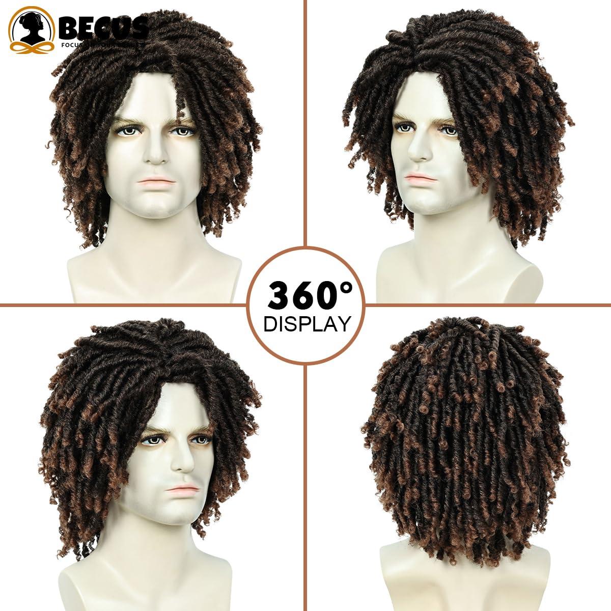 QUEENTAS QUEENTAS Dreadlock Wigs for Women and Men Short Curly Big Afro Braided Wigs Faux Locs Twist Braiding Synthetic Wigs (Black/Brown)