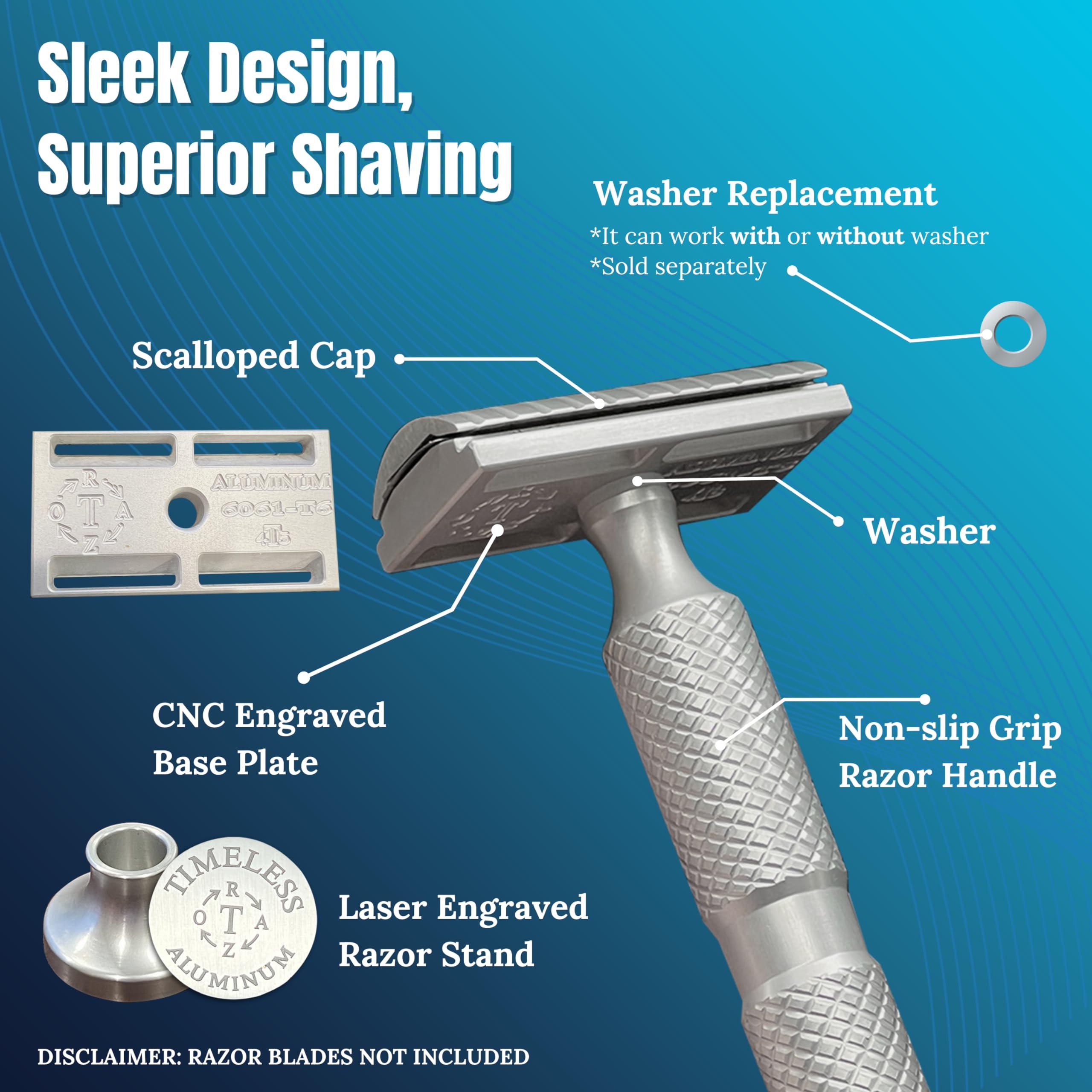 TIMELESS RAZOR TIMELESS RAZOR Aluminum Double Edge Safety Razor - Luxury Men's Safety Shaving Razor - Travel Razor w/Razor Stand & Custom Design Razor Handle - Compatible w/Double Edge Razor Blades - Made in USA