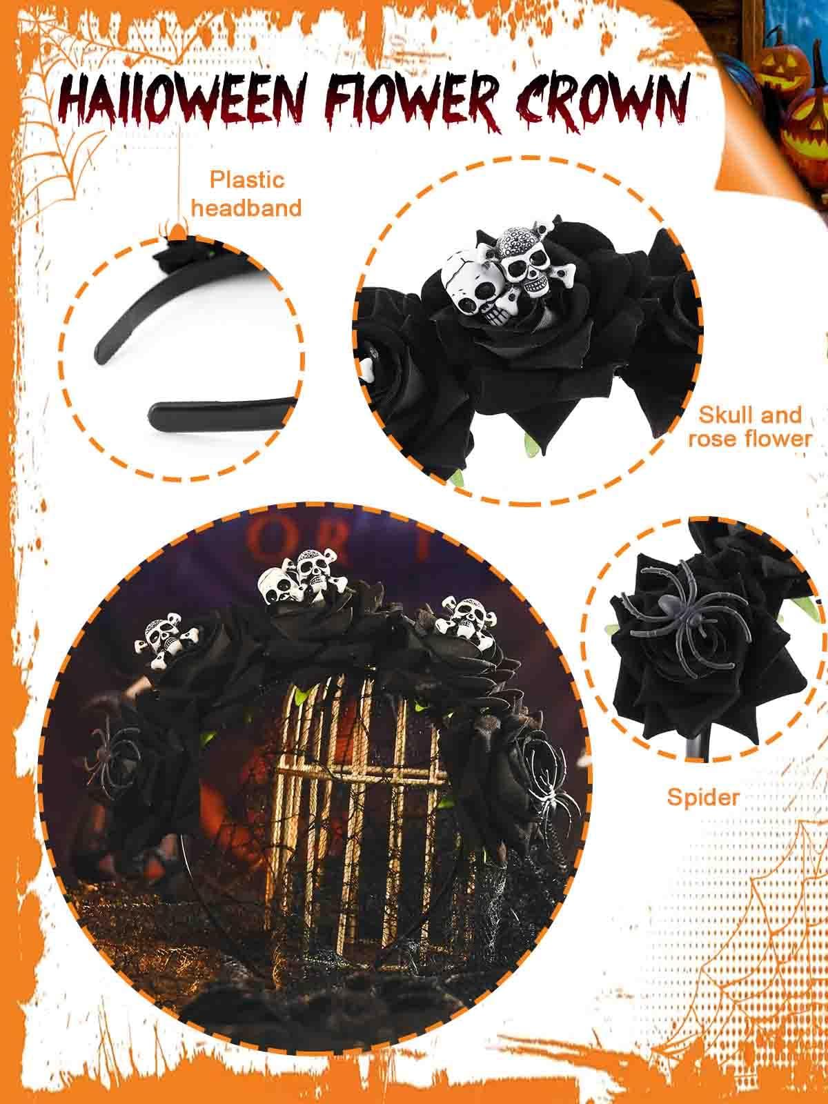 Woeoe Woeoe Halloween Skull Headband Black Rose Flower Costume Day of the Dead Headpiece Spider Mexican Floral Crown for Women and Girls