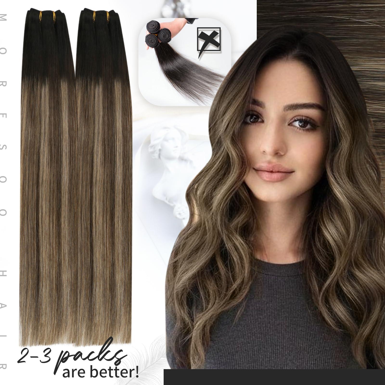 Moresoo Moresoo Clip in Hair Extensions Balayage Black to Dark Brown with Caramel Blonde 5 Pieces 70G 14inch and Sew in Hair Extensions Real Human Hair 100G 16Inch Bundle