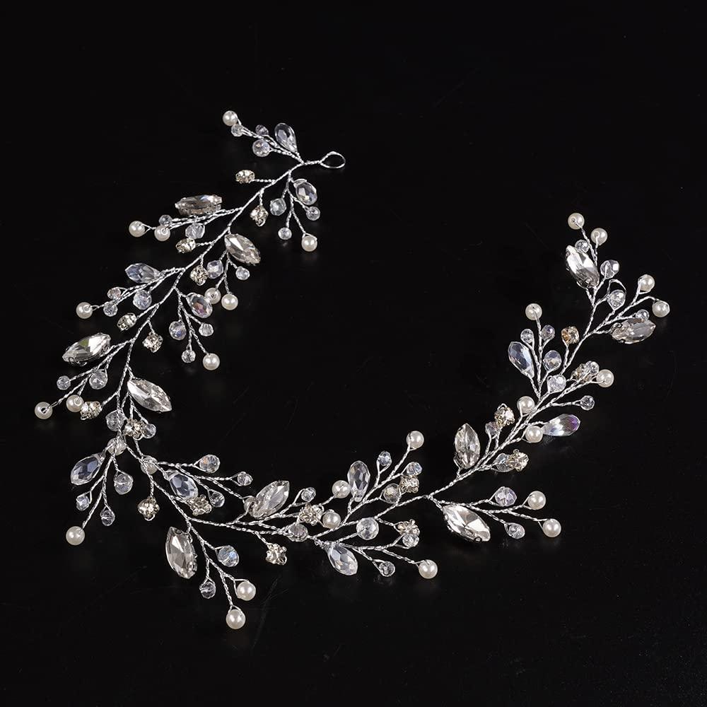 Jumwrit Jumwrit Crystal Wedding Headband Shiny Rhinestone Hair Pieces Pearl Bridal Headpiece for Women and Girls Handmade Bridal Hair Accessories for Brides Bridesmaids (Silver)