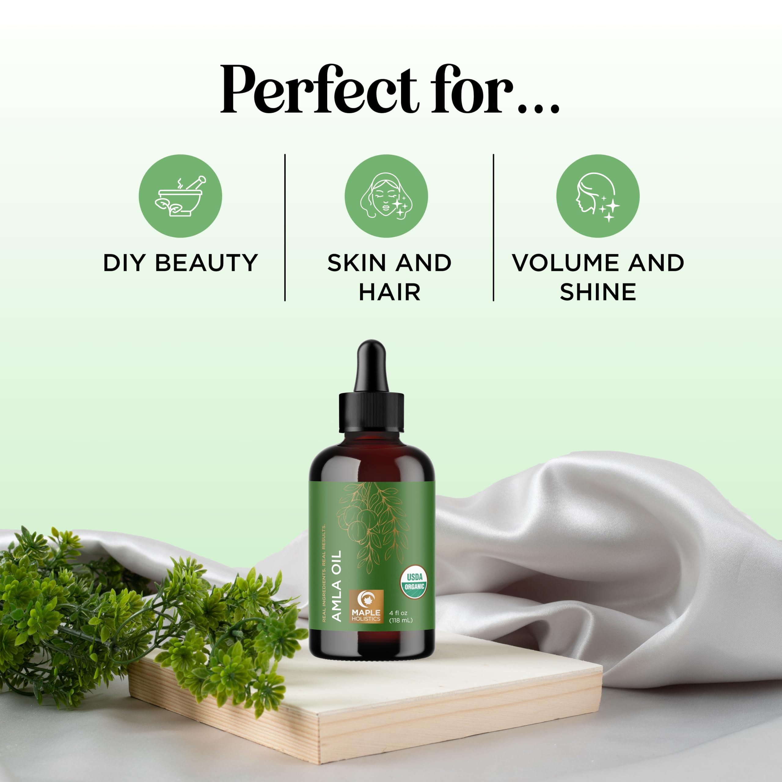 Maple Holistics Organic Amla Oil for Hair Growth - 100% Pure Amla Hair Oil for Hair Growth & Hydration - Cold-Pressed Extra Virgin Unrefined Non-GMO & USDA Organic Hair Oil for Dry Hair and Scalp Care (4 Fl Oz)