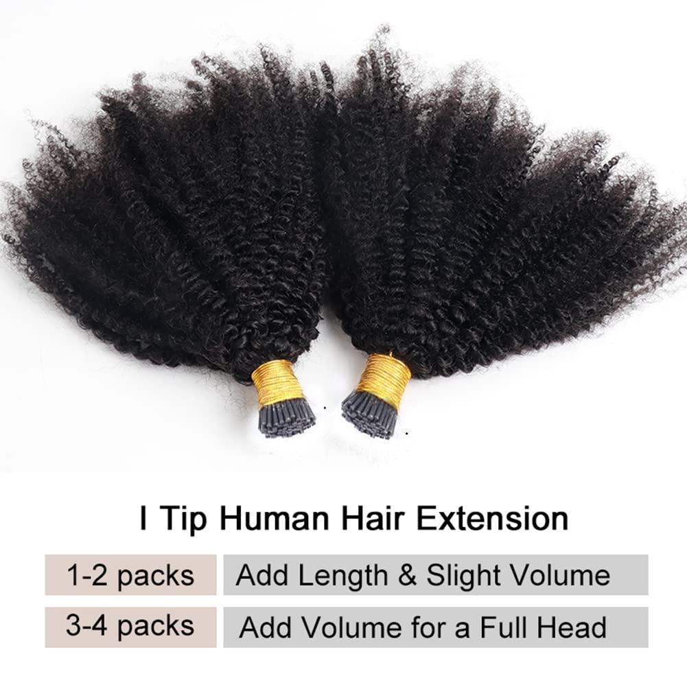 Kiss darling LASHES I Tip Hair Extensions Afro Kinky Curly 4B 4C Human Virgin Hair 1g/strand 100g Pre Bonded Microlinks Keratin Fusion Stick I Tip Hair Bundles for Women 24\"inch, Natural Black