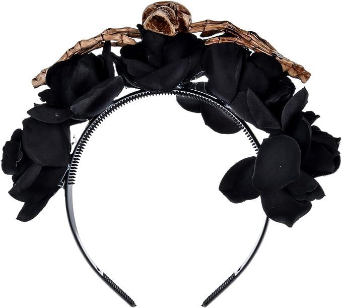 Satisyo Satisyo Gothic Halloween Skull Headwear with Skelleton Hand Headband Mexican Flower Headpiece Hair Hoop Party Costume for Women Girls (Black Rose, Skull Hand)