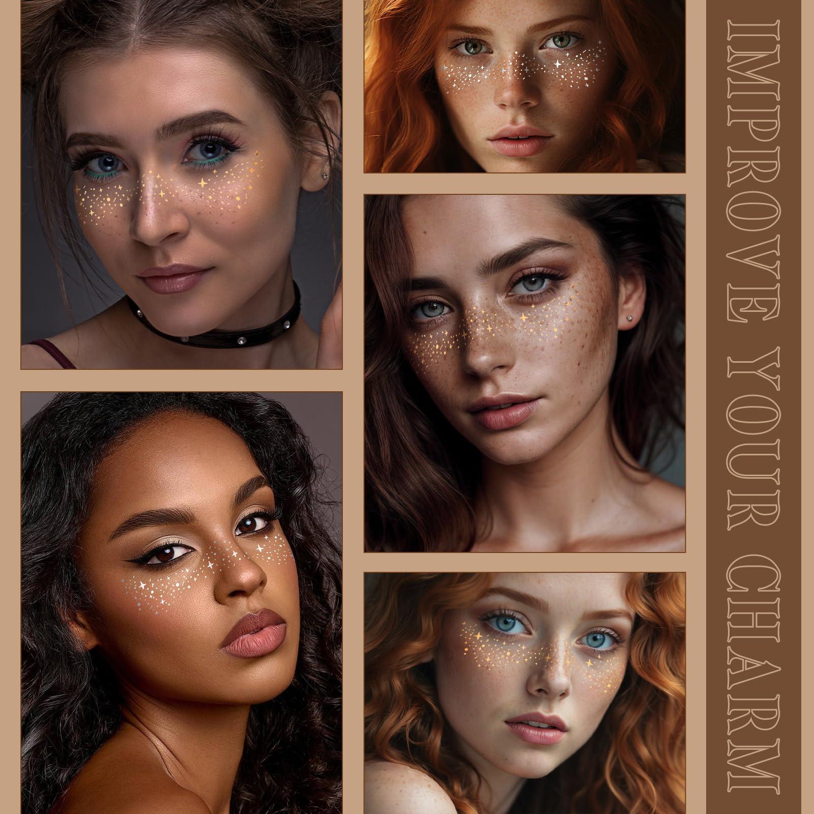 BLAAROOM Glitter Freckles Face Tattoo 6 Sheets Face Makeup Patches Gold & Silver Star Fake Freckles Cute Temporary Makeup Accessories for Women Girls Party - Set2