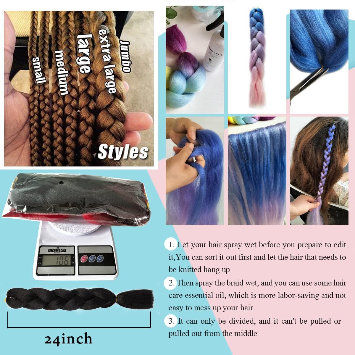 MAYSA Black Blue Braiding Hair Extensions Pre stretched braiding hair 3 Packs 24inch Soft Synthetic Jumbo Braiding Crochet Hair for Girls #Black-Blue