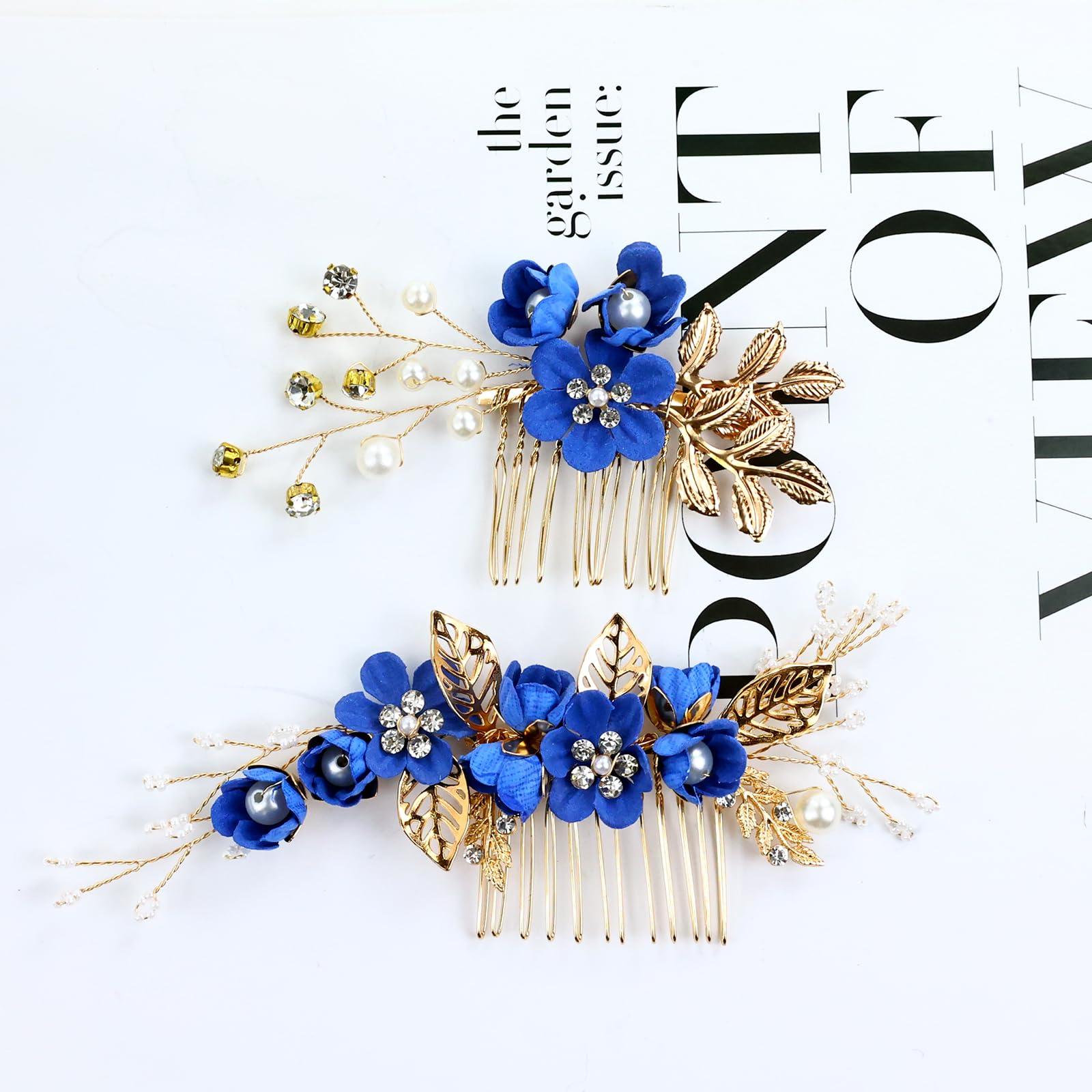 inSowni inSowni 20 Pack Classic White Dusty Pink Blue Flower Bridal Wedding Hair Side Combs+U-shaped Flower Hair Pins+Twist Spiral Pearl Hair Pins Pieces Headpieces Accessories for Brides Bridesmaids Women