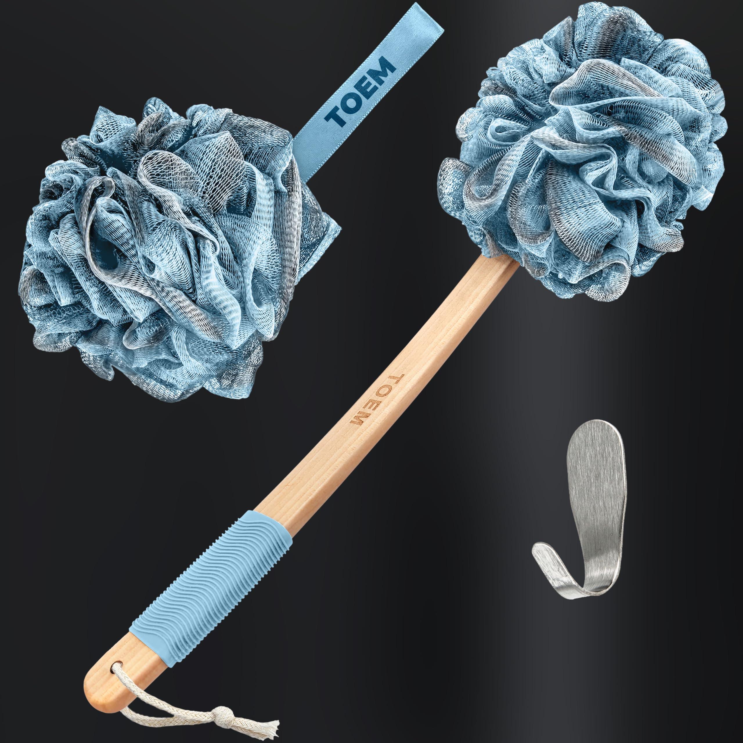 toem Toem Loofah Back Scrubber for Shower | Bamboo Charcoal Fiber Infused | Loufas for Men & Women | Includes 1 Long Handled Shower Sponge, 1 Bath & Shower Luffa Pouf & 1 Hook to Hang Stuff (Sky Blue)