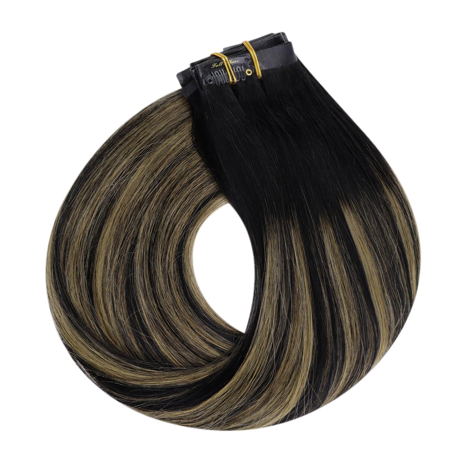 Full Shine Full Shine Human Hair Extensions Balayage Clip in Hair Extensions Off Black to Black With Caramel Blonde Hair Extensions Real Human Hair PU Weft Straight Black Blonde Hair Extensions 120Grams 18 Inch