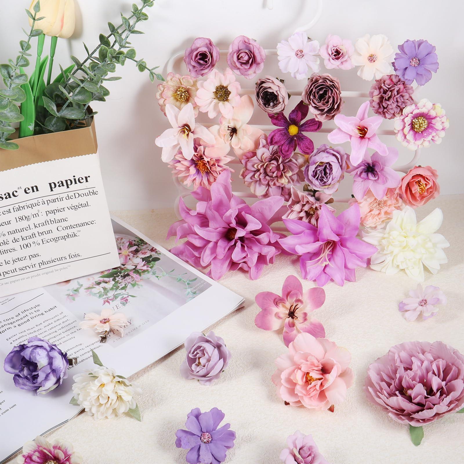 Giesiery 36 Pcs Flower Hair Clips Artificial Hair Flowers Clips Purple Flowers Mix Silk Flowers Dahlia Roses with Clip for DIY Wedding Bridal Hairstyles, Baby Shower, Costume Decor