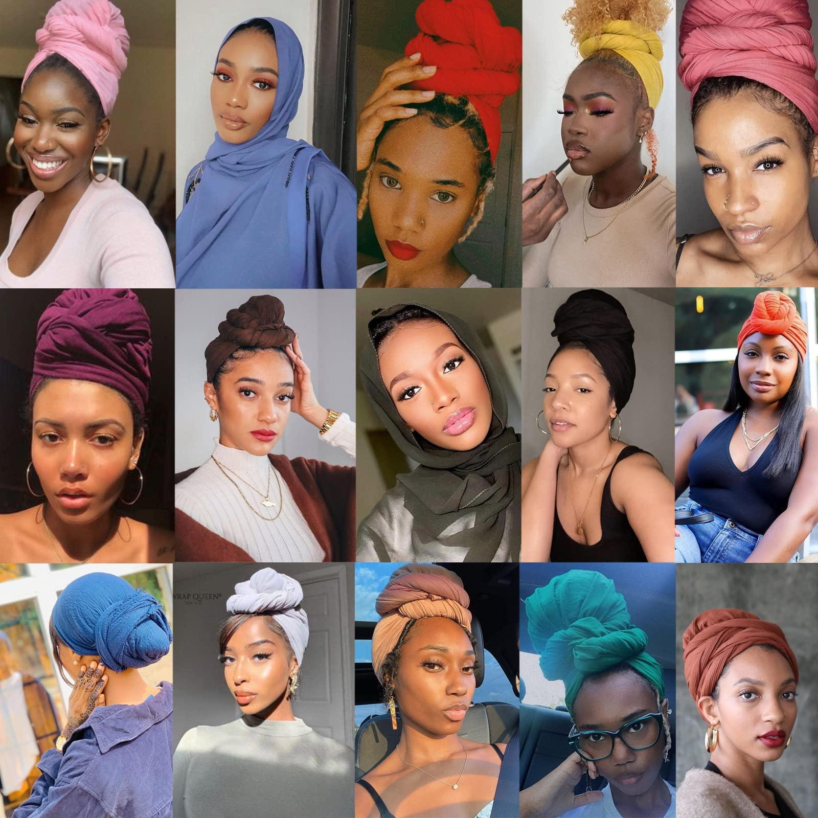 ZRQ ZRQ 5 Pieces Stretch Jersey Turban Fashion Headband Soft Breathable Long Lightweight and Comfortable Tie Head Wraps for Black Women (Black,Army Green,Dark Blue,Camel,Dark Grey)