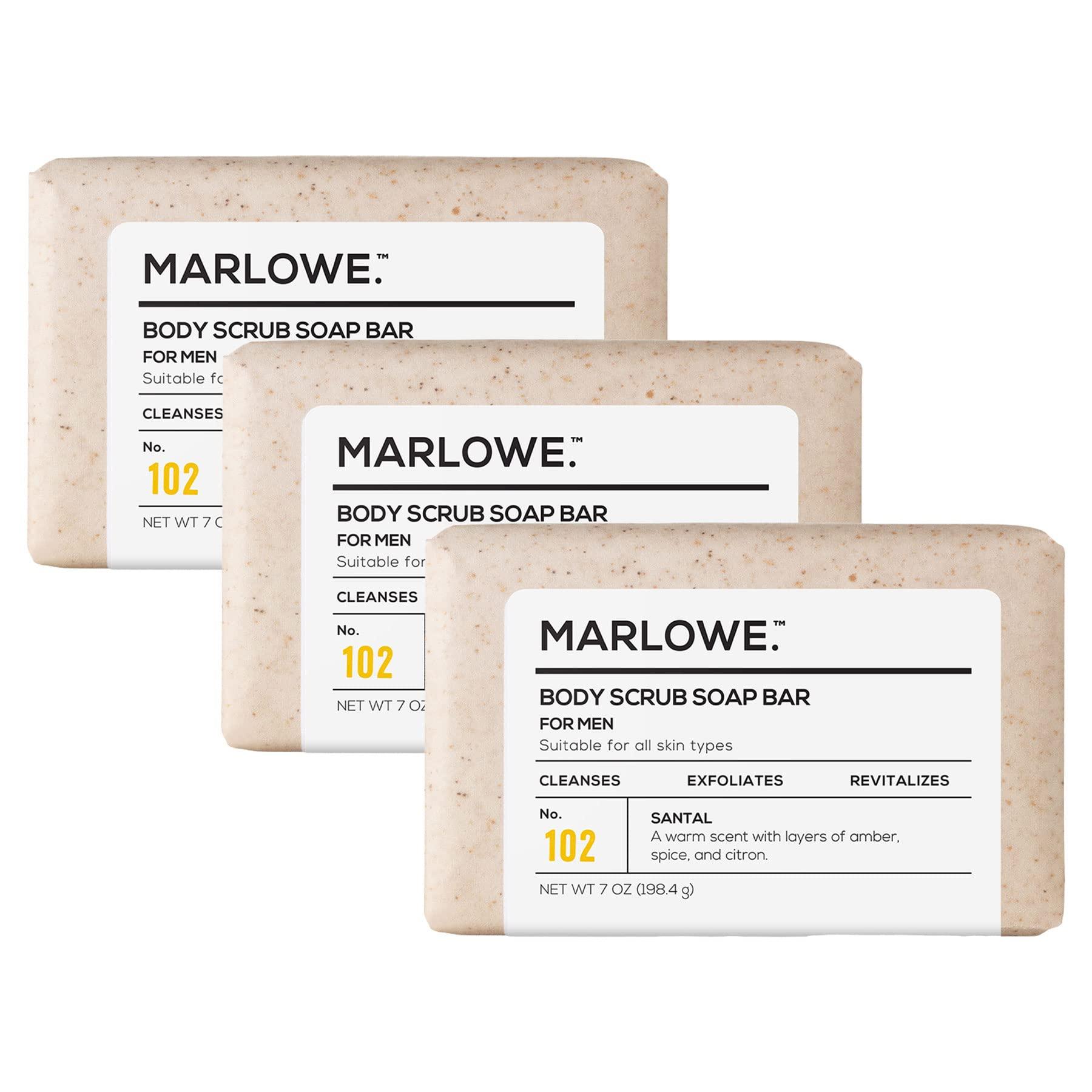 MARLOWE. M BLEND MARLOWE. No. 102 Men\'s Body Scrub Soap 7 oz (3 Bars) Warm Santal Scent, Best Exfoliating Bar for Men, Made with Natural Ingredients, Apricot Seed Powder, Shea Butter, Olive Oil, Green Tea Extracts