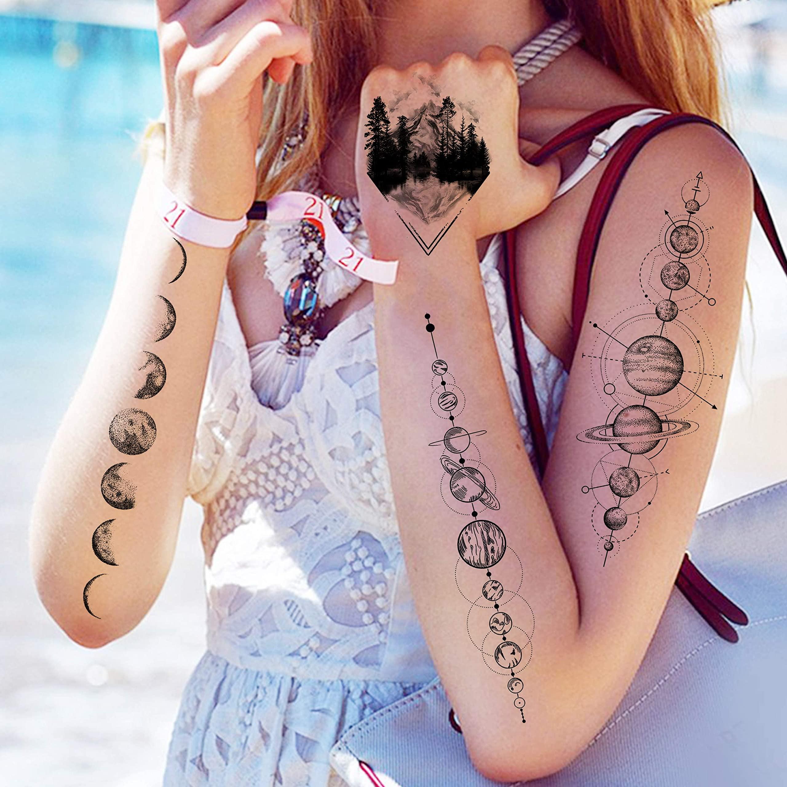 JOEHAPY 33 Sheets Outer Space Temporary Tattoos for Kids Boys Girl Women Men Adults Children, Geometry Astronaut Universe Fake Tattoo Star Moon Solar Syetem