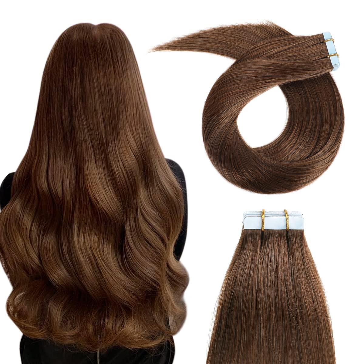 YILITE YILITE Tape in Human Hair Extensions 24 inches 20pcs 50g Straight Tape in Hair Extensions Human Hair Seamless Skin Weft #4 Medium Brown Tape in Human Hair Extensions24inches #4 Medium Brown