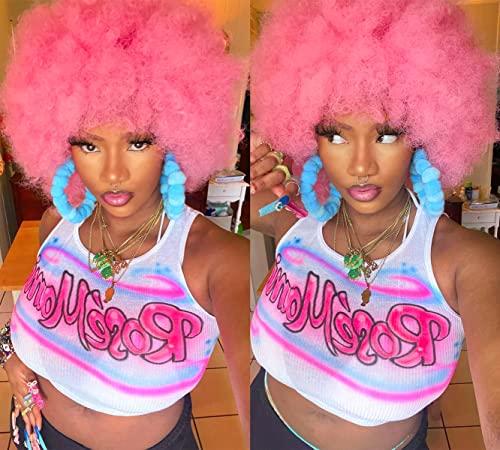 CURLCRAZY CURLCRAZY 70s Afro Wig with Bangs Short Afro Kinky Curly Wig for Black Women Large Bouncy and Soft Natural Looking Halloween Party Christmas Cosplay Wigs (Pink)
