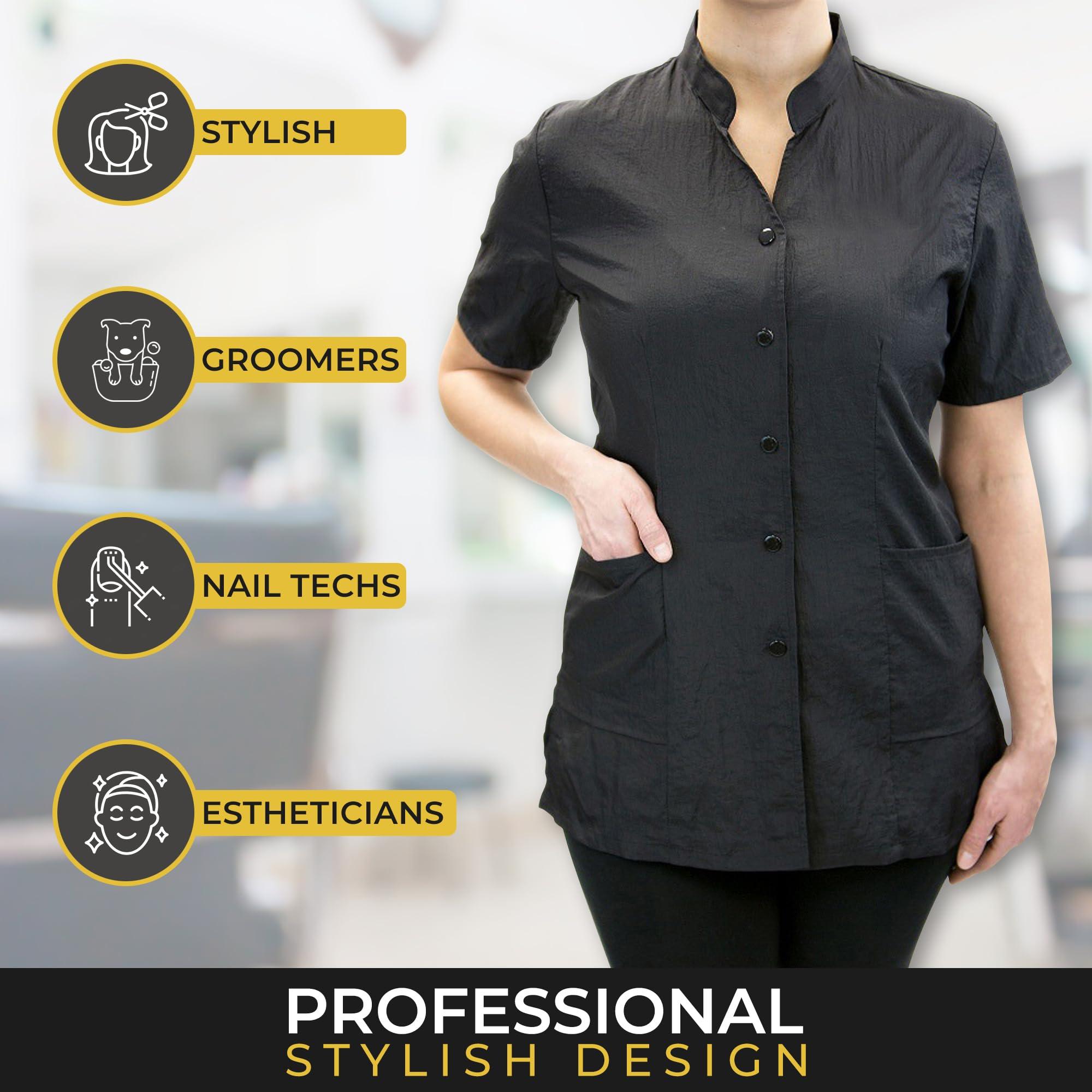 CHARLENE Anna Jacket Short-Sleeve Uniform for Stylist Barber Groomer Nail Tech Skin Care Makeup Artist Smocks (XS, BLACK)