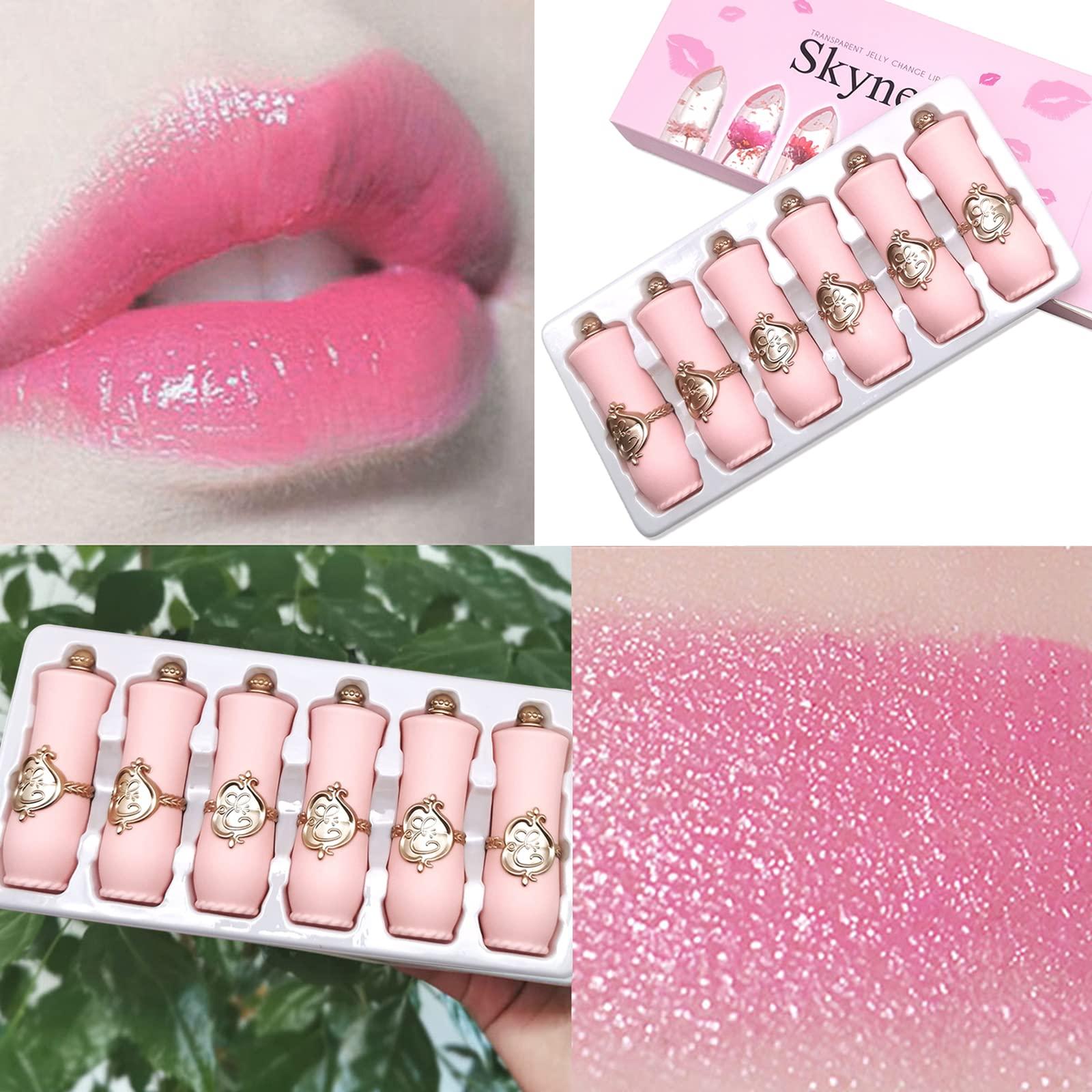 Btspring Btspring Clear Flower Jelly Lipstick, 6 Packs Nutritious Moisturizer Lip Balm Temperature Color Change Lipstick Matte Long Lasting Lip Gloss (Pink)