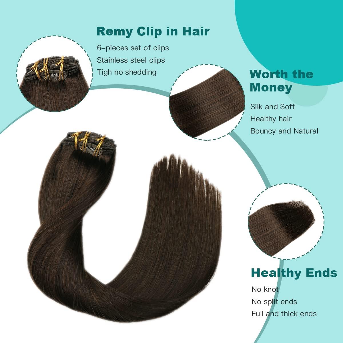 SURNEL SURNEL Clip in Hair Extensions 6pcs 20inch 120g Dark Brown Clip in Hair Extensions Human Hair (#2,20\'\')