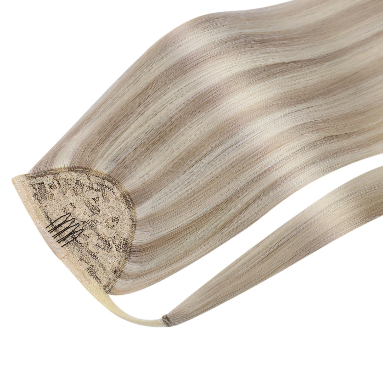 Easyouth Ponytail Extensions Human Hair Blonde Human Hair Ponytail Ash Blonde Highlighted Bleach Blonde Pony Tails Hair Extensions Real Human Hair for Women 16Inch 80g #18P613