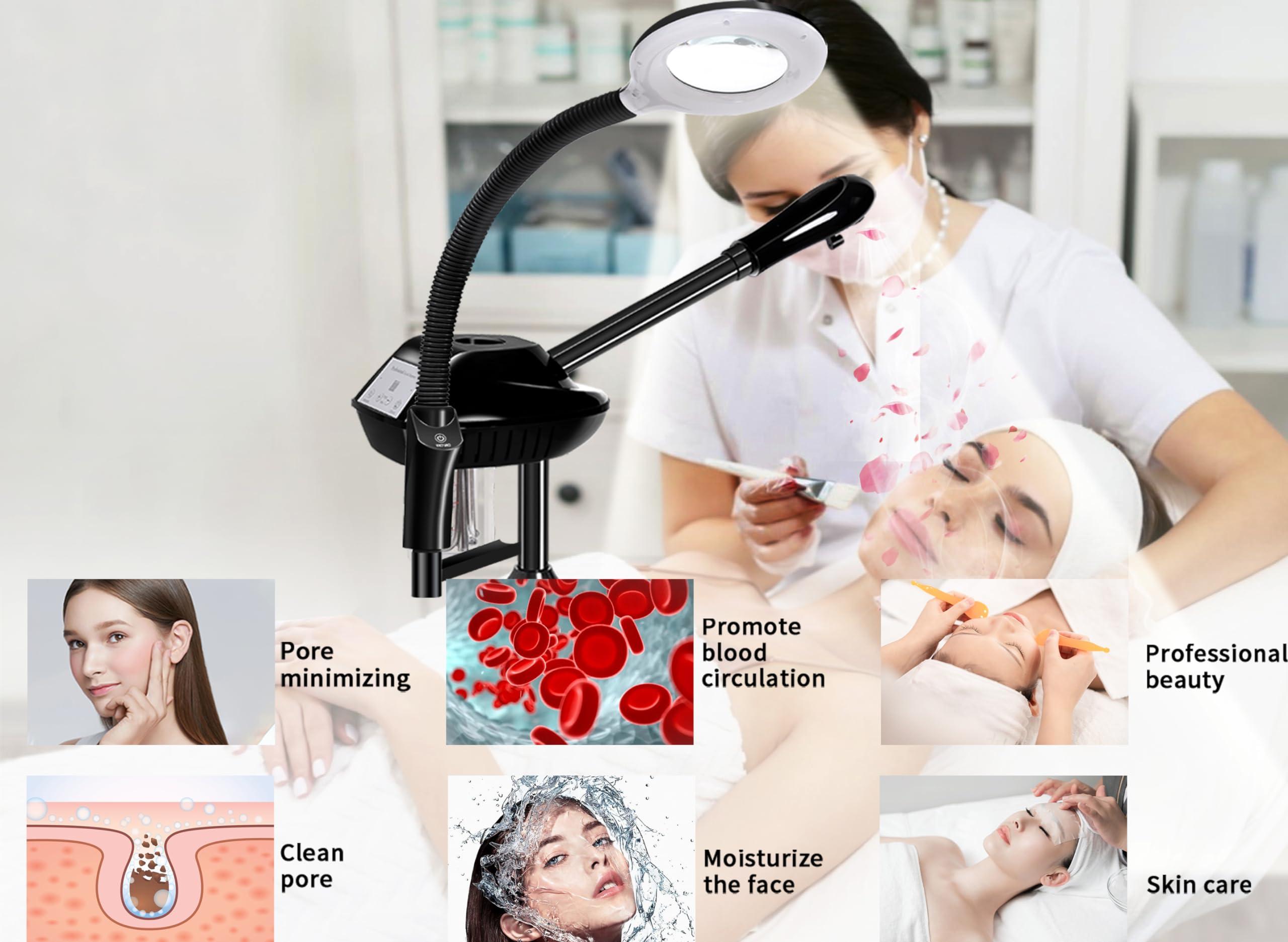 lailelaodi Facial Steamer Professional, 2 in 1 Ozone Facial Steamer on Wheels, with 5X Magnifying Lamp, Facial Steamer with Time Setting, Stand Facial Steamer Adjustable Height for Spa, Salon and at Home use