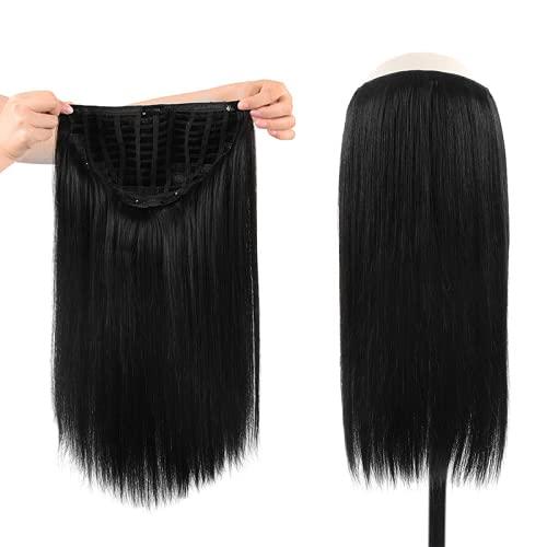 RJ HAIR 14-30 Inch Half Wig With Clip in Hair Extensions Brazilian Remy Straight Hair 180 Full Density 3/4 Half Wig Human Hair Black Brown Color (28inch 130% Density, 1#(Jet Black))