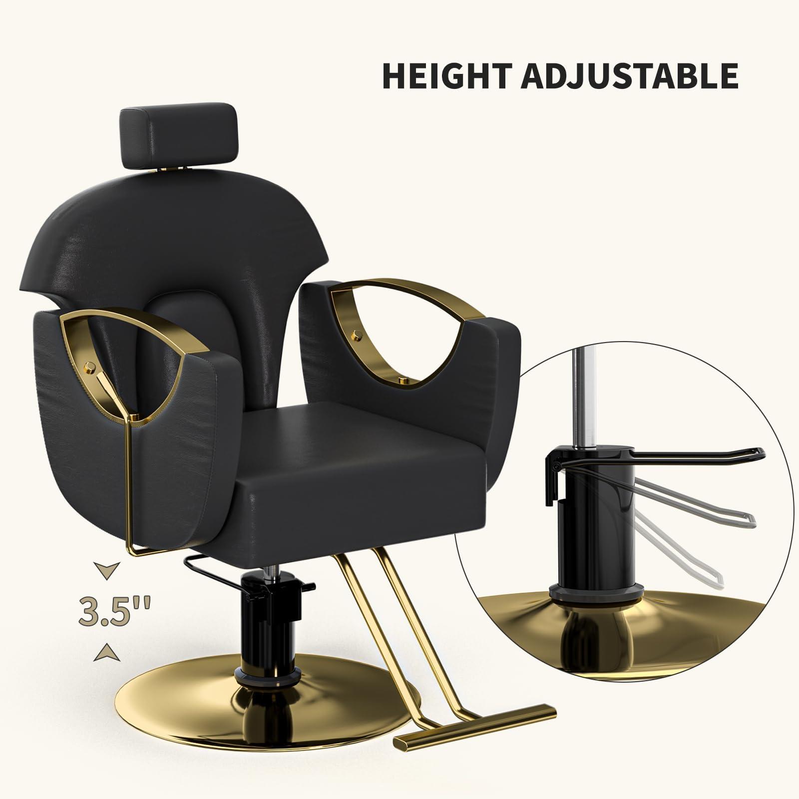 Charmmade Salon Chair Reclining Barber Chair Adjustable Recliner Styling Chair Hydraulic Adjust Height 360Swivel, Unique Headrest Design, Black and Gold