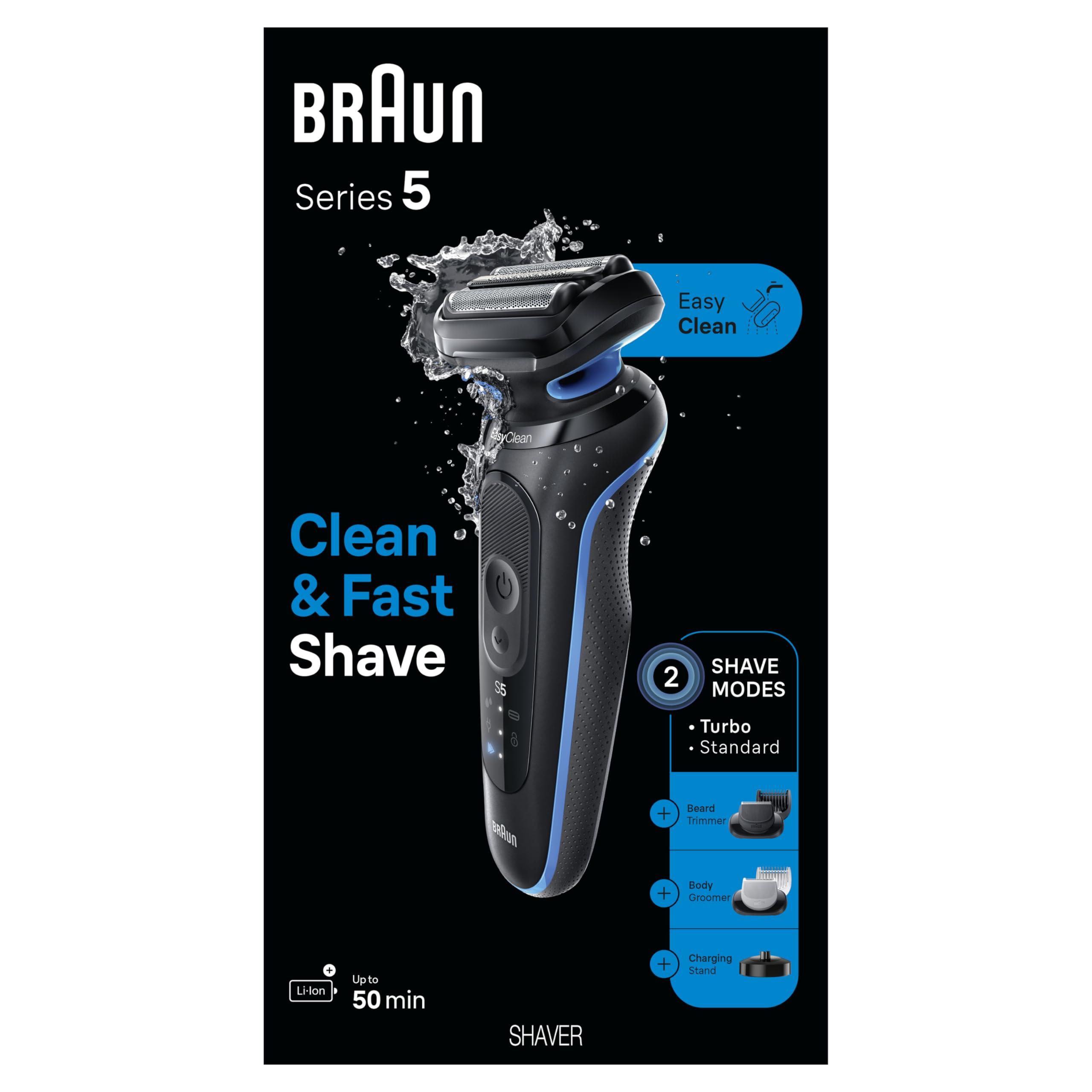 Braun Braun Electric Shaver for Men, Series 5 5150cs, Wet & Dry Shave, Turbo Shaving Mode, Foil Shaver, with Beard Trimmer, Body Groomer and Charging Stand, Blue