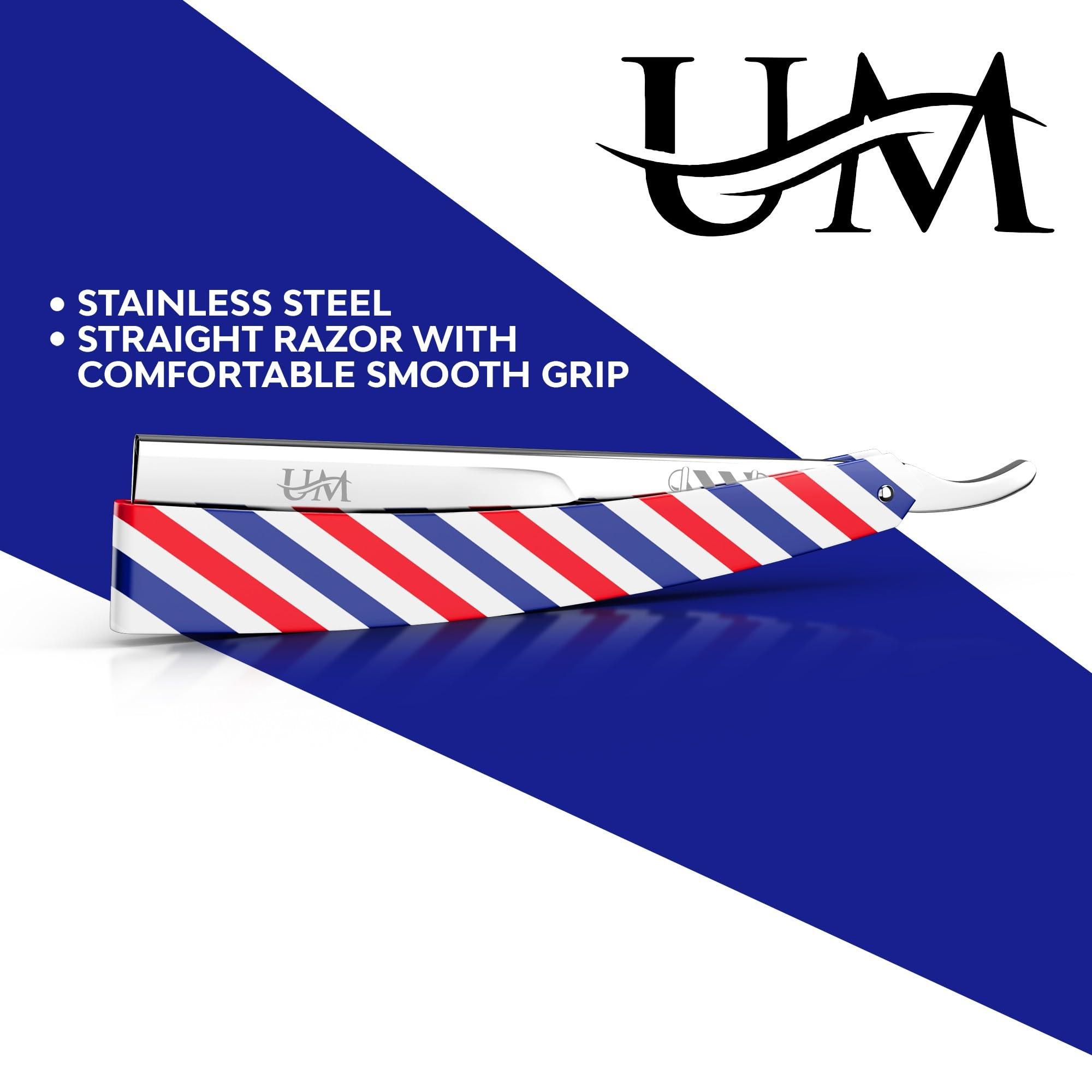 UM Supplies UM Supplies Straight Edge Barber Razor | Professional Men's Straight Shaving Razors kit With 10 Replaceable Blades | Cut Throat Shavette | Barber Pole Red, White, Blue