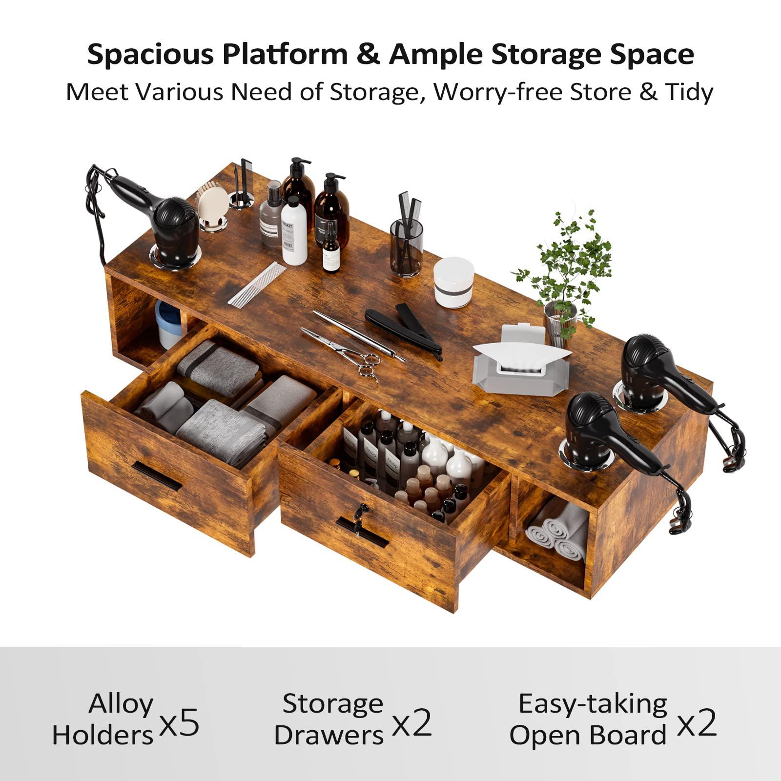 Leadzm Leadzm Wall Mount Styling Station for Hair Stylist,Beauty Barber Spa Equipment,Salon Cabinet Station with Locking Drawers,Bathroom Dresser with 5 Hair Dryer Holders, Rustic Brown